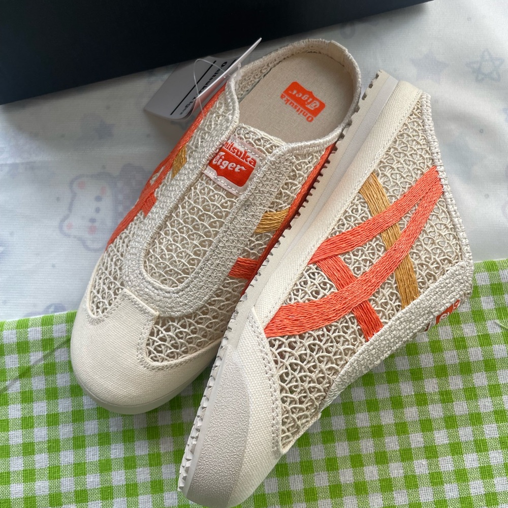 Onitsuka Tiger Cream Mesh Slip-On Sneakers with Orange and Gold Stripes - Picture 7 of 9